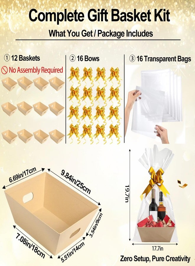 SHANDERBAR 12 Pack Baskets for Gifts Empty, 10 x 7 x 3” Kraft Empty Gift Basket to Fill with 16 Cellophane Bags & 16 Pull Bows, Gift Baskets Bulk with Cellophane Wrap Set for Valentine’s Day, Christmas, Easter - Image 3